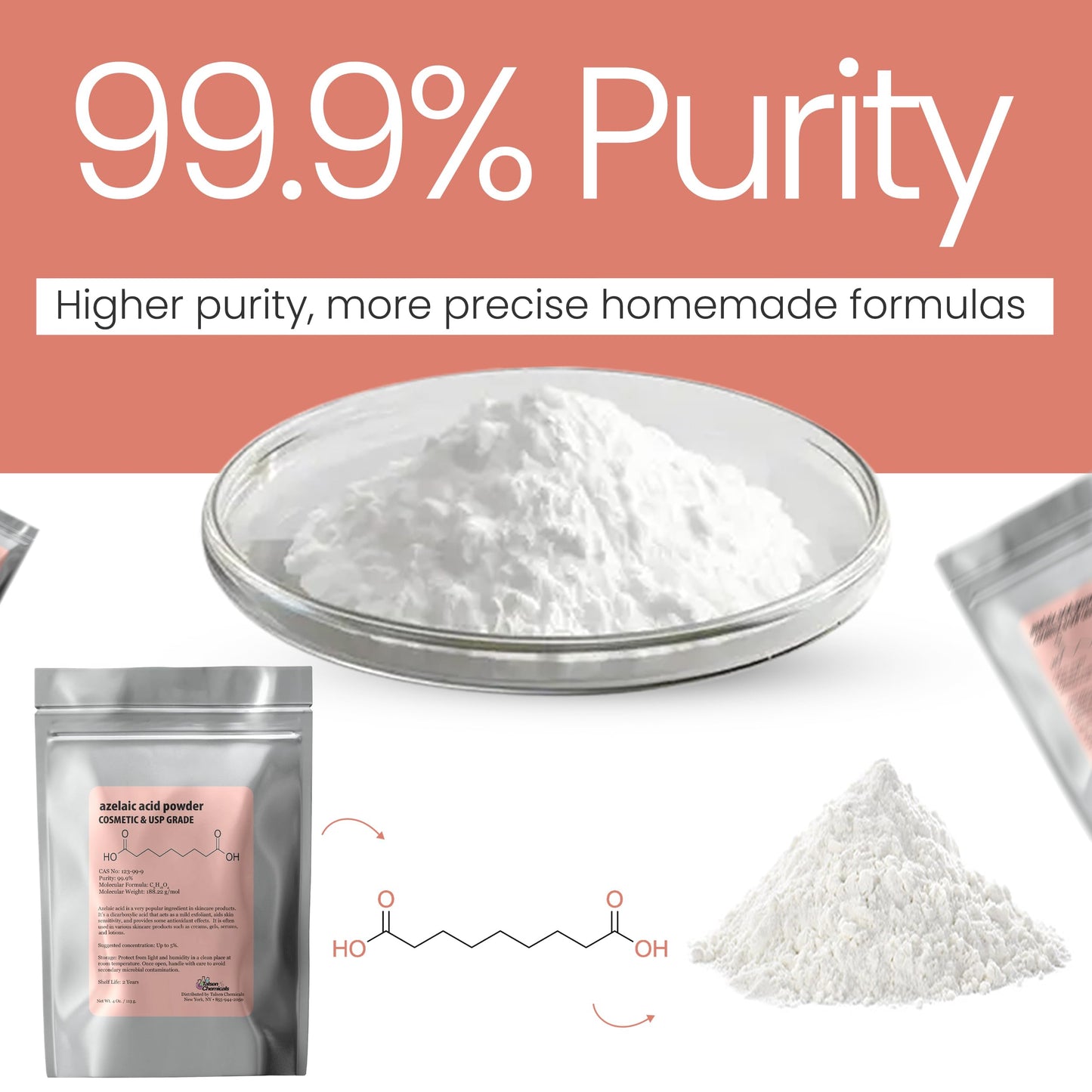 Azelaic Acid Powder (4 Oz / 113 Grams) 99.9% Azelaic Acid Fine Powder for Making DIY Azelaic Acid Cream, Gel and Azelaic Acid Serum by Talsen Chemicals
