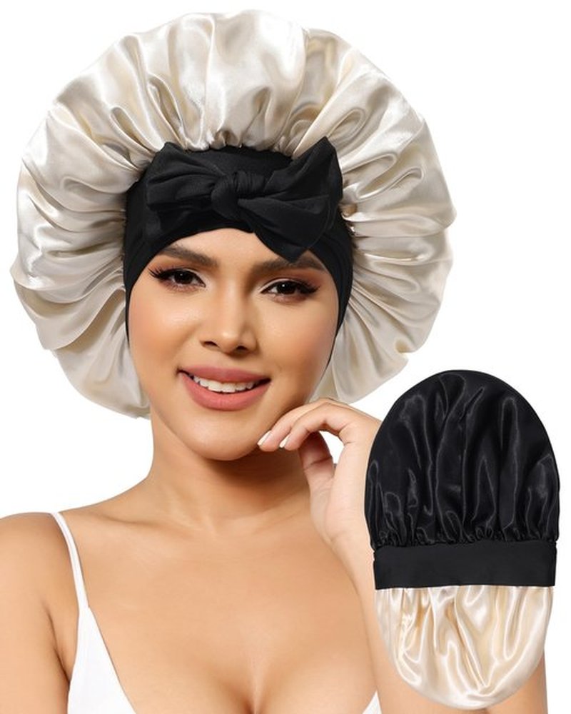 Satin Bonnet for Women Silk Bonnets for Sleeping Curly Hair Bonnet with Elastic Tie Band Reversible Double Layer Sleep Cap Hair Wrap (Black + Champagne)