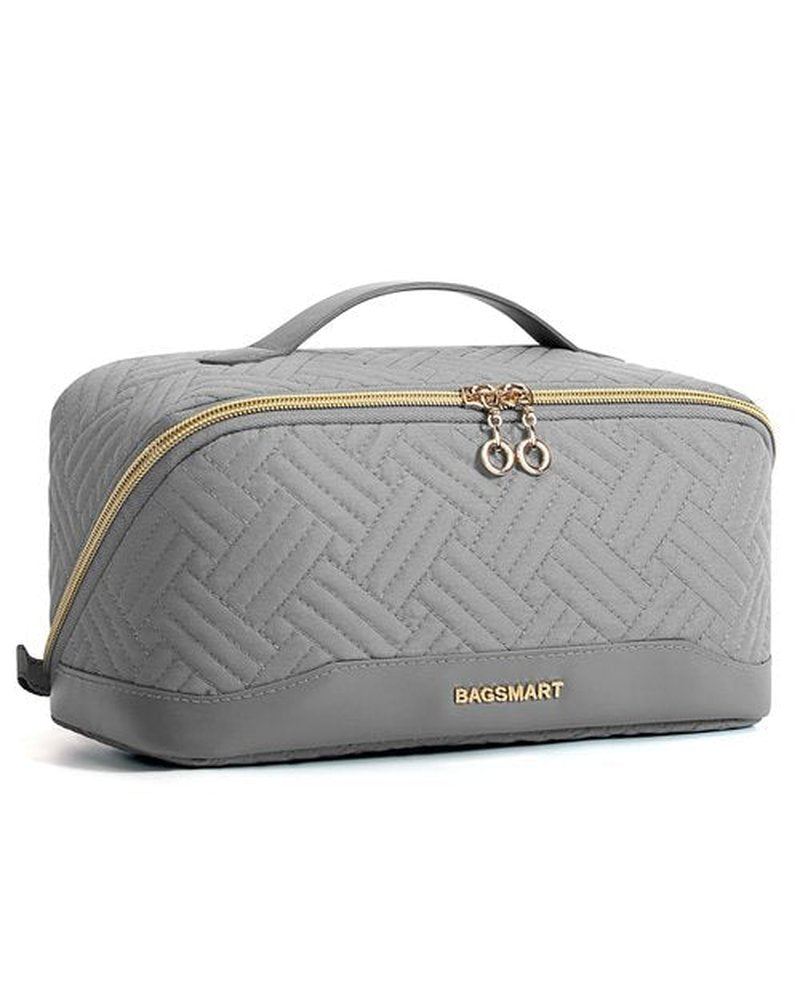 BAGSMART Makeup Bag Cosmetic Bag, Travel Makeup Bag,Water-resistent Makeup Bags for Women Portable Pouch Open Flat Make Up Organizer Case for Toiletries, Brushes, Grey