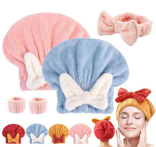 bokando Super Absorbent Hair Towel Wrap for Wet Hair, Efficient Hair Towel Wrap for Women, Quick-Drying Thickened Soft Bow Tie Hair Towel Wrap for Wet Frizzy Long Thick Hair (Blue&Pink)