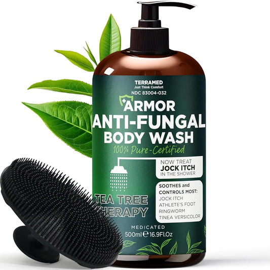 Antifungal Body Wash with Tea Tree Oil - Treat Back Acne, Ringworm & Eczema | Includes Silicone Scrubber (16.9 oz)