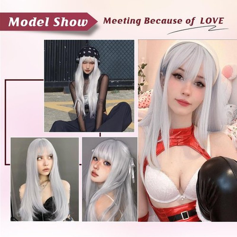 ENTRANCED STYLES White Wig with Bangs Long Straight White Wigs for Women Cosplay Wigs for Gril Natural Hairline Heat Resistant Synthetic Wig for Daily for Cosplay Party Halloween