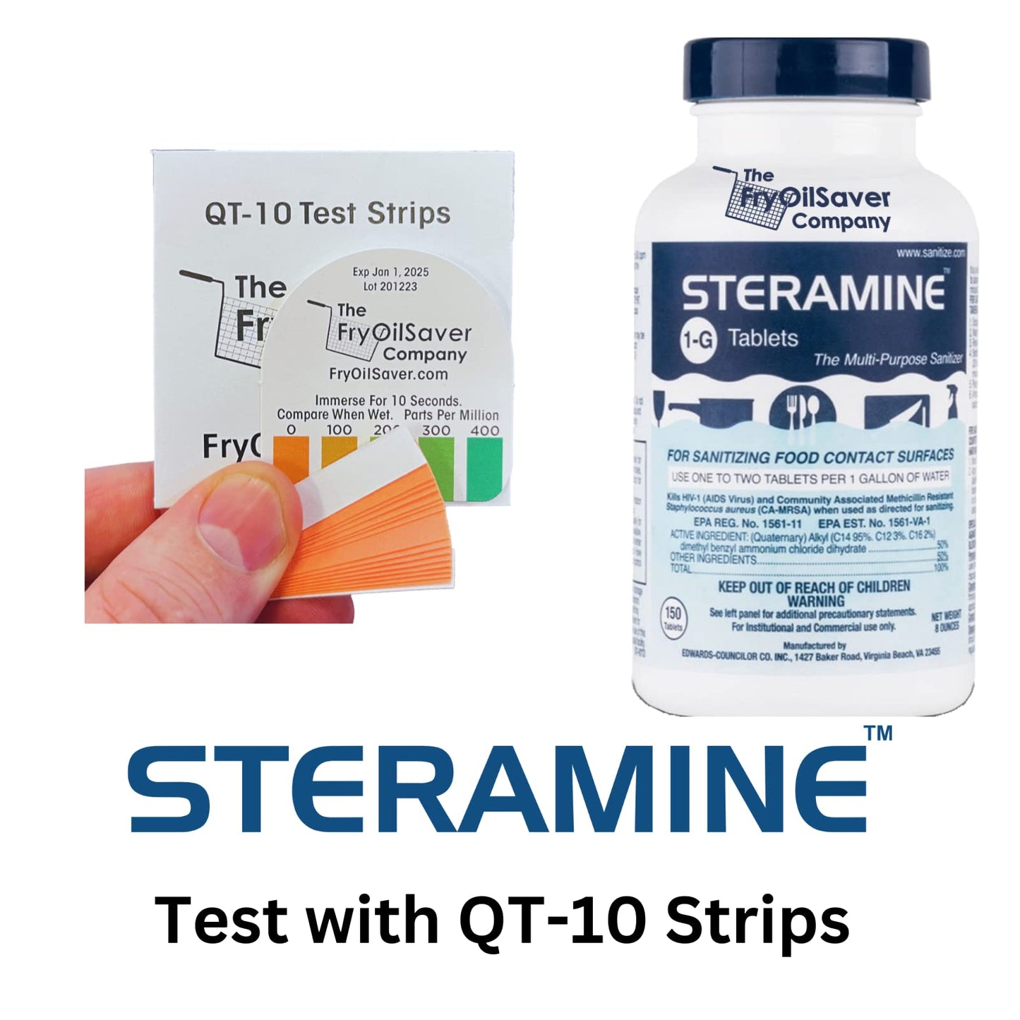 4 Bottles Steramine Sanitizer Tablets - 15x QT-10 Test Strip - Multi Purpose Sanitizing Tablets for Food Contact Surface, Kitchen, Restaurant Cleaning & Commercial Use by FryOilSaver (600 Count)