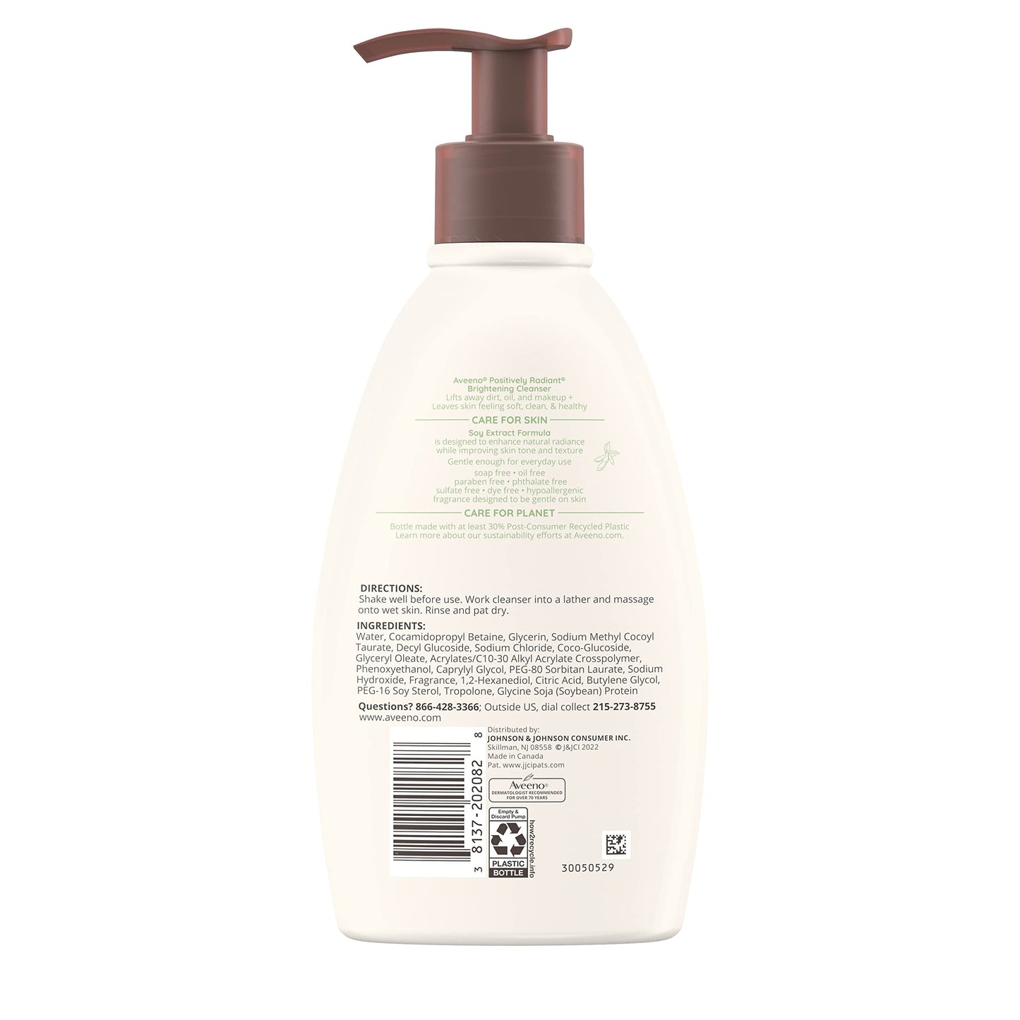 Aveeno Positively Radiant Brightening Facial Cleanser with Moisture Rich Soy Extract, Helps Even Skin Tone & Texture While Gently Lifting Away Dirt, Oil & Makeup, Sulfate-Free, 11 fl. oz (Pack of 2)