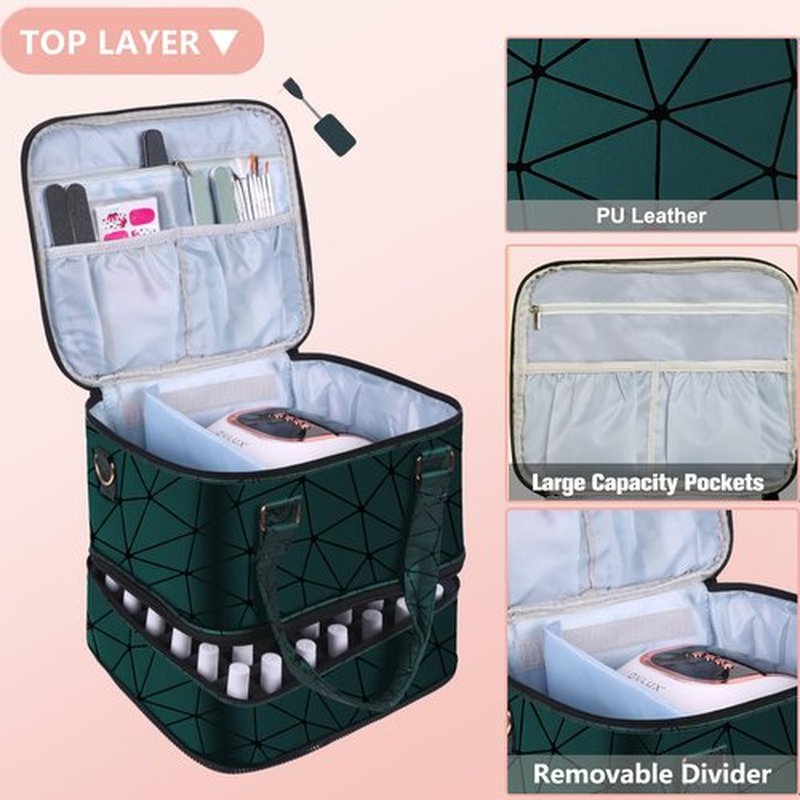 FCQQYWZ Large Nail Polish Organizer Case Hold 84+ Bottles Nail Polish & Nail Lamp, 3 Layers Nail Organizers and Storage for Nail Tech with Divider, Travel Carrying Case for Nail Polish Kit Set(Green)