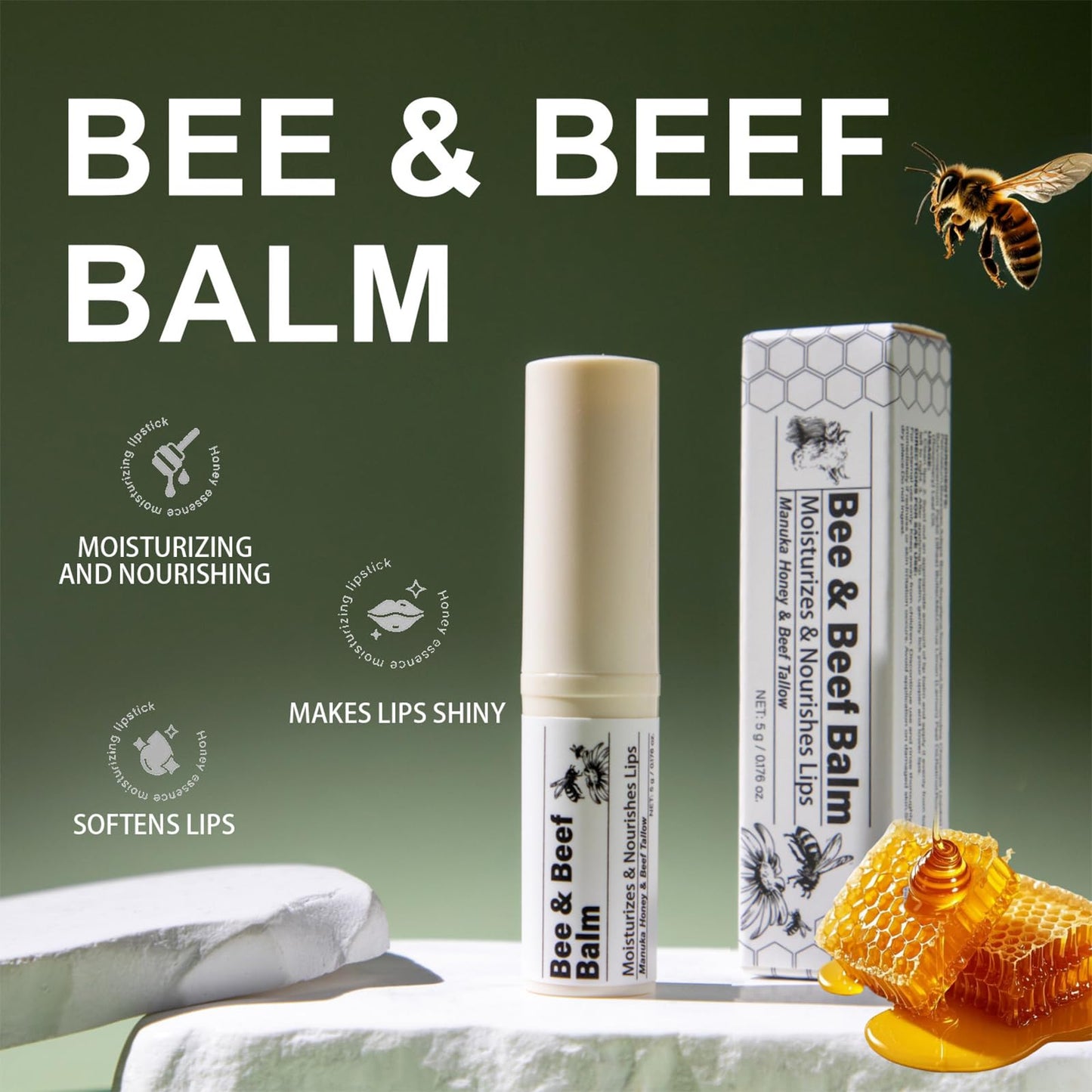 Lip Balm - Natural Beeswax and Grass-Fed Beef Tallow, Moisturizing Tallow Bee Balm Tint-Free with Squalane, Vitamin E, Jojoba Seed Oil,and All-Day Moisture Lip Care, 2 Tubes, Net 10g, 0.35 oz