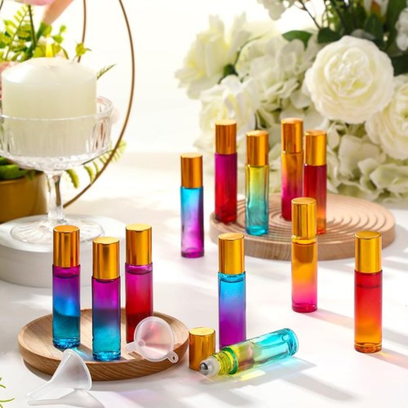 SEEWEY 96 Pcs Essential Oil Roller Bottles 10ml Empty Glass Roller Bottles with Stainless Steel Roller Balls Protection Leakproof with 5 Funnel for Travel Perfume Lip Gloss (Gradient Color)