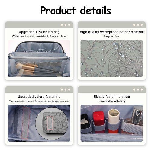 Travel Makeup Bags Cosmetic Organizer Bag: 3-Set Large Capacity Make up Bag - PU Leather Toiletry Bag for Women - Wide Open Portable Pouch with Divider & Handle (03-Grey-1)