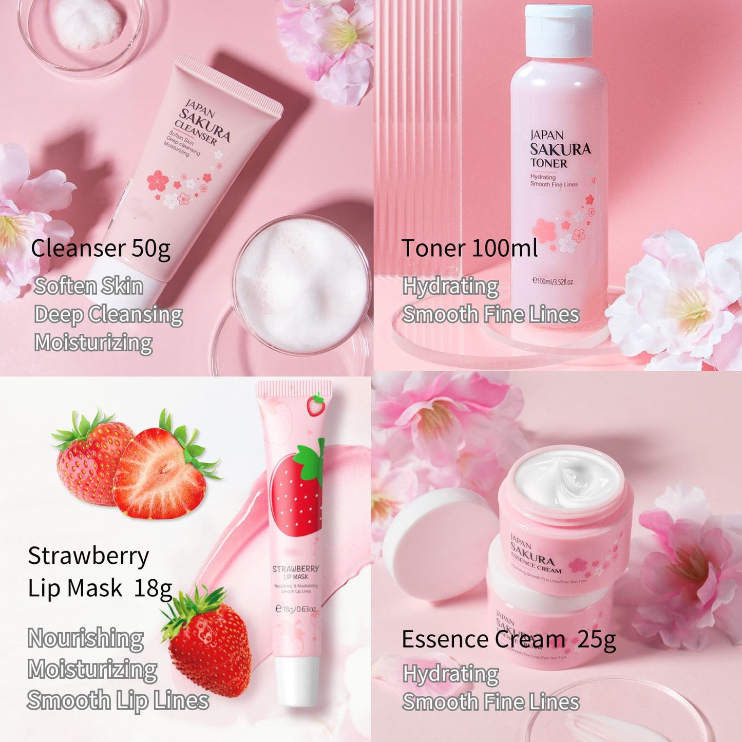 Cherry Blossom Skincare Set Women Gifts - Skin Care Set Hydrating - Skincare for Girls 10-12 Moisturizing - Travel Kit with Cleanser,Toner,Lip Mask,Cream(One Size, Cherry Blossom 6PCS Scent)