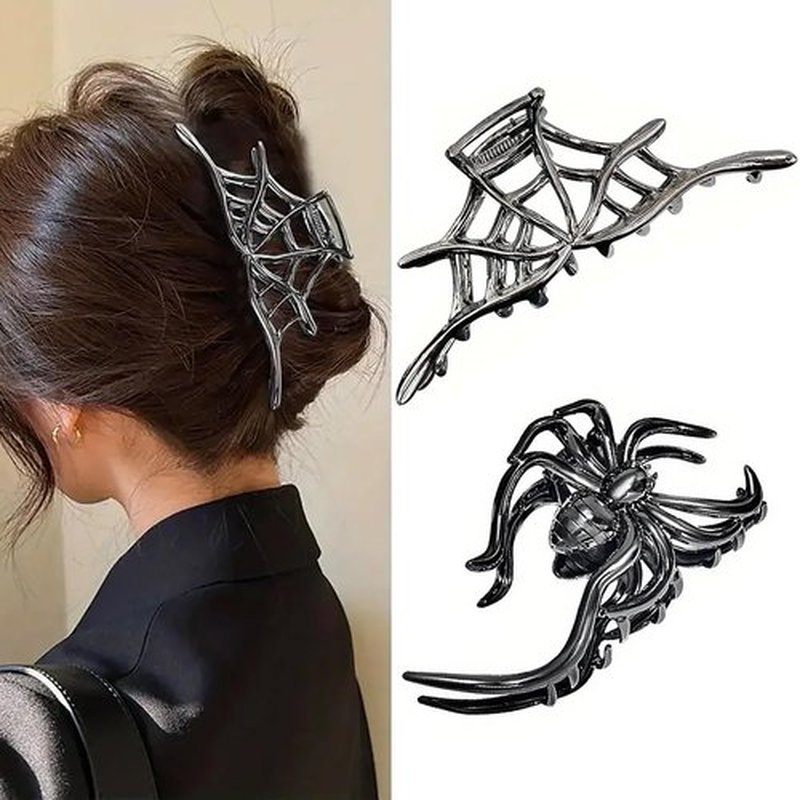 2Pcs Halloween Hair Clips Spider Web and Spider Hair Claw Clips Medium Size Black Hair Barrette Metal Alloy Shark Jaw Clip Fashion Funny Halloween Hair Accessories for Cosplay Party Hair Supplies
