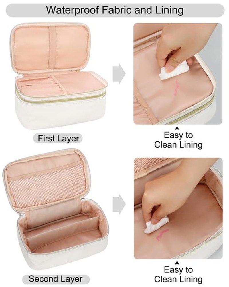 Relavel Travel Makeup Bag Multifunctional Make Up Bags with Zipper Pouch Large Compact Makeup Bag Organizer for Women Girls Cosmetics Toiletry Brushes Storage (White)