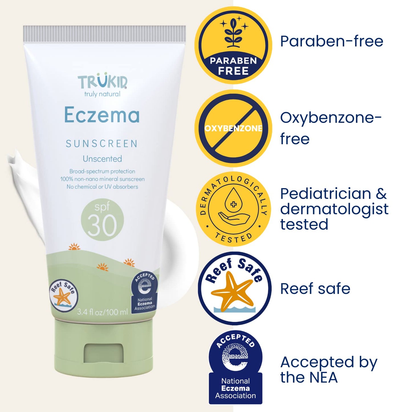 TruKid Eczema Mineral Sunscreen SPF 30 - All Natural Kids & Baby Sunscreen for Face & Body, Zinc Oxide Broad Spectrum Protection for Delicate Skin, Unscented, FSA Eligible, Travel Size 3.4oz