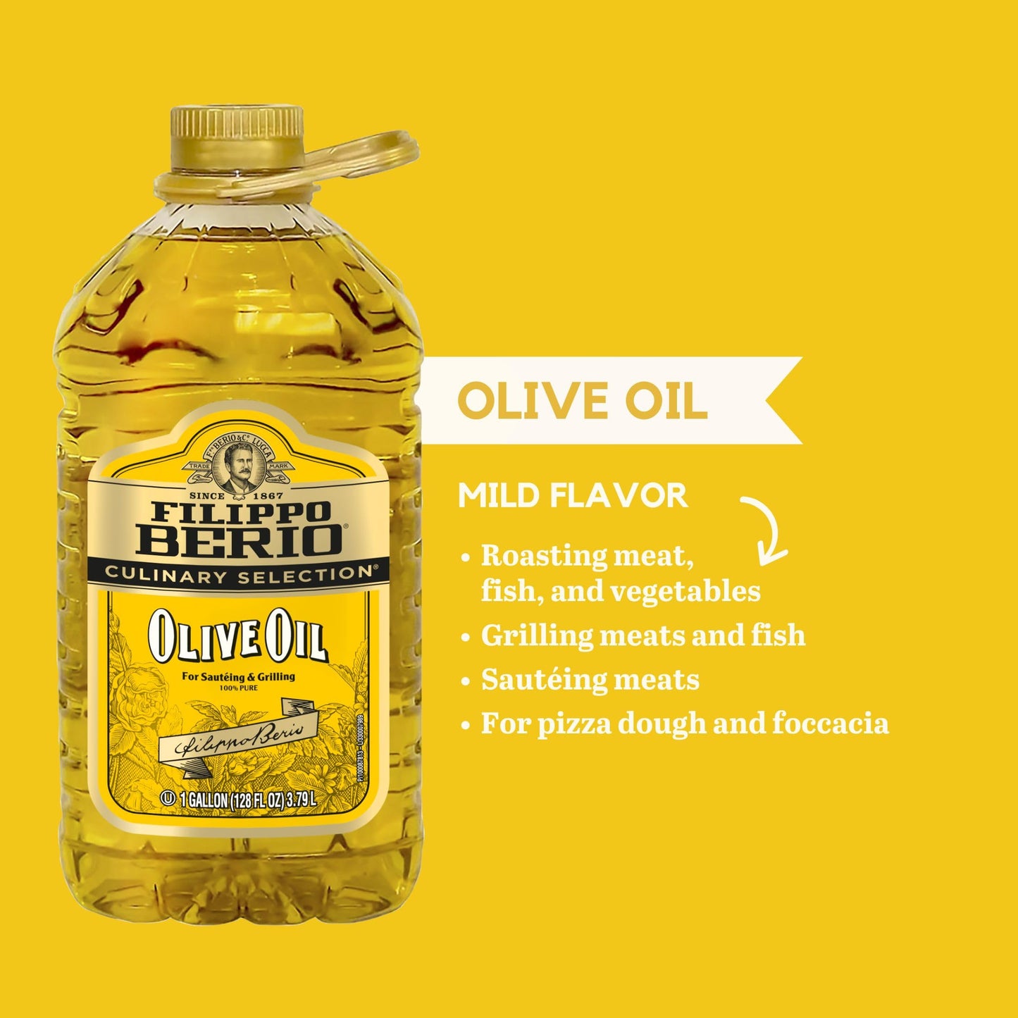 Filippo Berio Pure Olive Oil for Cooking, Frying and Grilling, Mild Flavor All Purpose Olive Oil, rPET, 128 Ounce (Pack of 1)