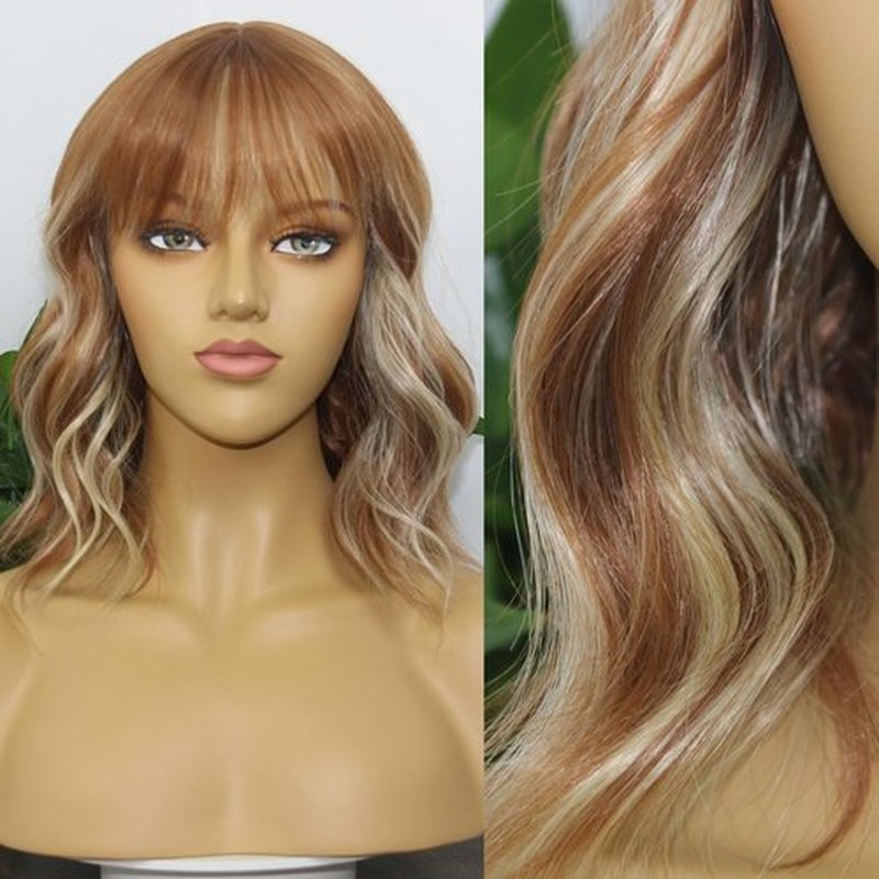 MSMYRNS Short Wavy Curly Bob Wig with Bangs Ginger Brown Mixed 613 Blonde Highlights Color Glueless Heat Resistant Synthetic Wig Full Wig For Women Girls Fashion 14 Inch