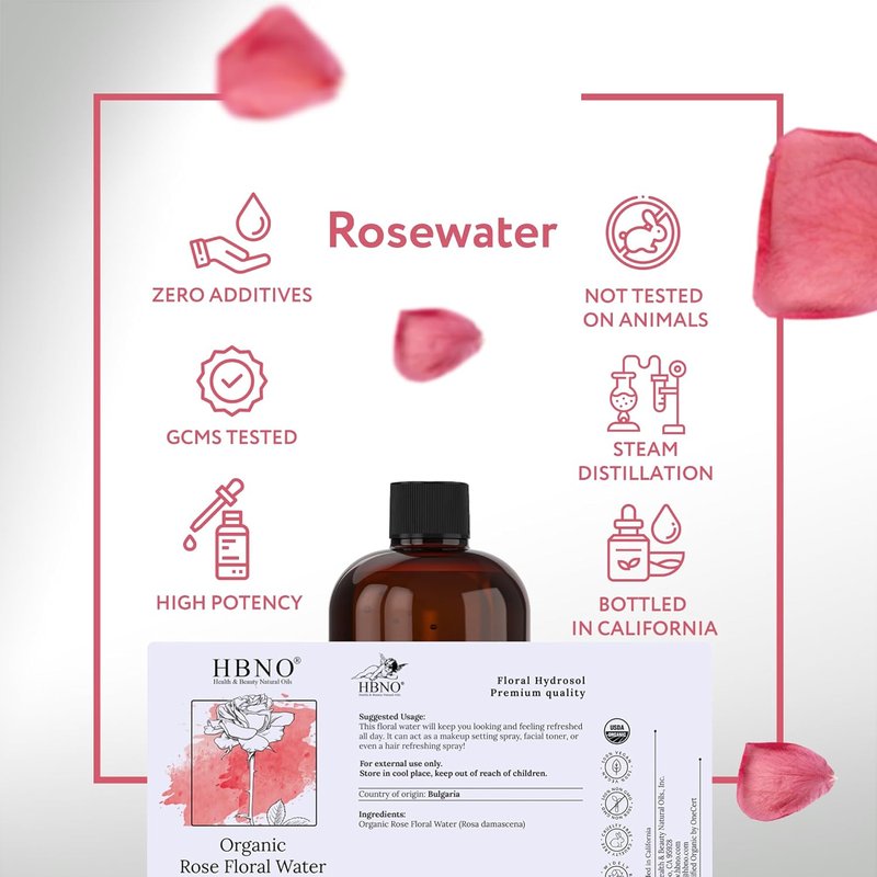 Organic Rose Water for Face - USDA Certified 16 fl oz | Pure Rosewater for Skincare & Haircare