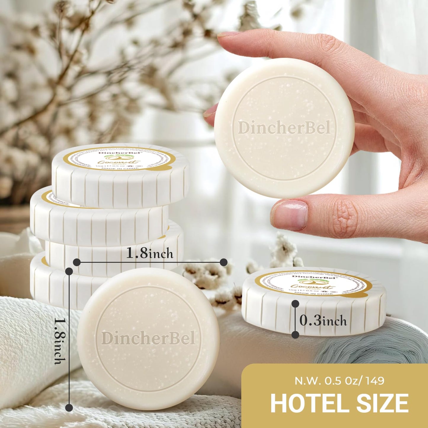 DincherBel Hotel Soap Bars - 0.5 oz 50 Capsules Individual Round Soap (Travel Size) – Bulk Toiletries for Airbnb/Motel/Guest Bathrooms