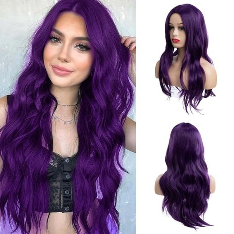 RicHyun Purple Wig Long Curly Wavy Purple Wig Middle Part Cosplay Wig Synthetic Heat Resistant Costume Halloween Wigs for Women Girls (Dark Purple)