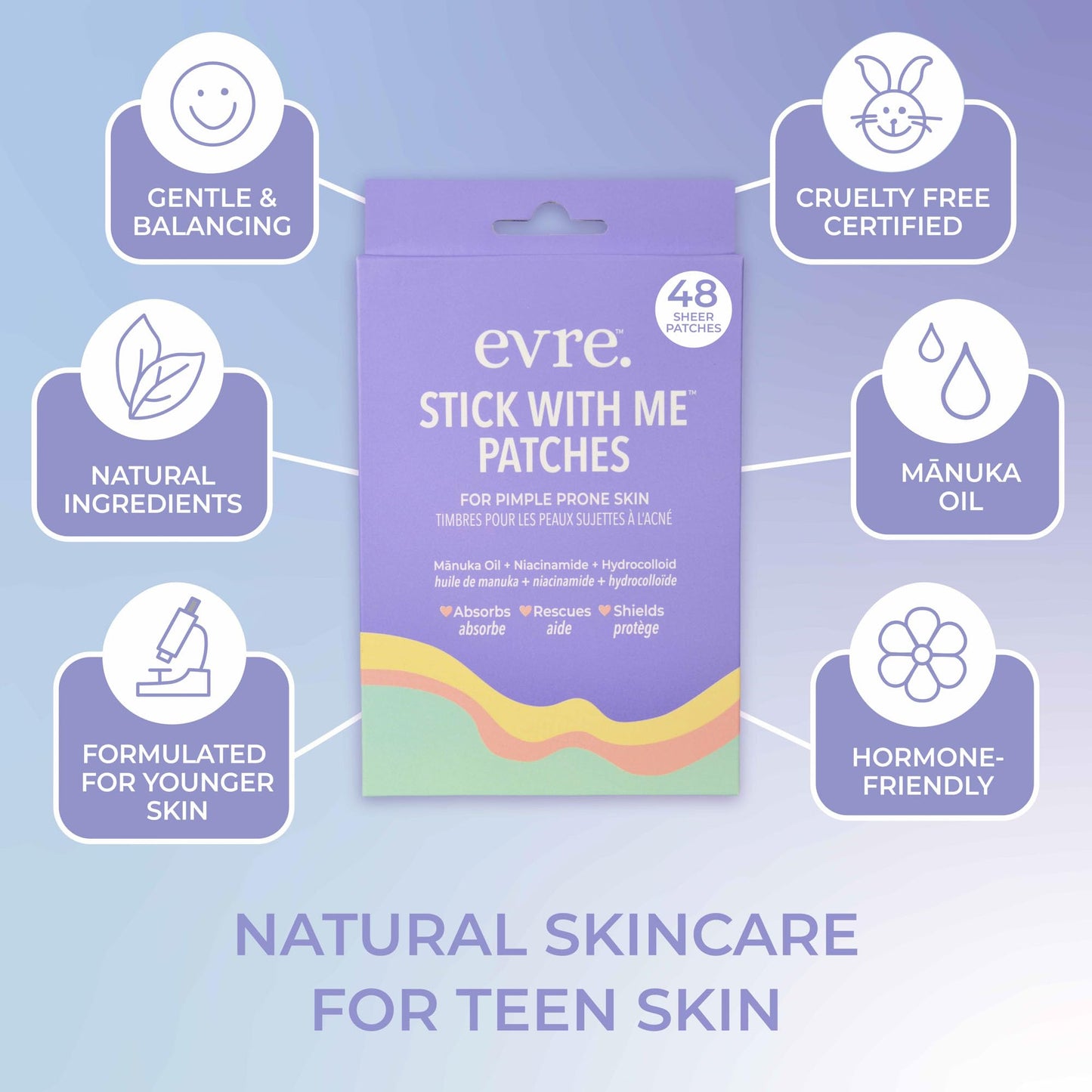 Evre Teen Stick With Me Pimple Patches, 48 Patches, Absorbs, Protects & Heals, with Mānuka Oil & Niacinamide, Gentle, Sheer Hydrocolloid Patches, 4 Sizes for Every Spot