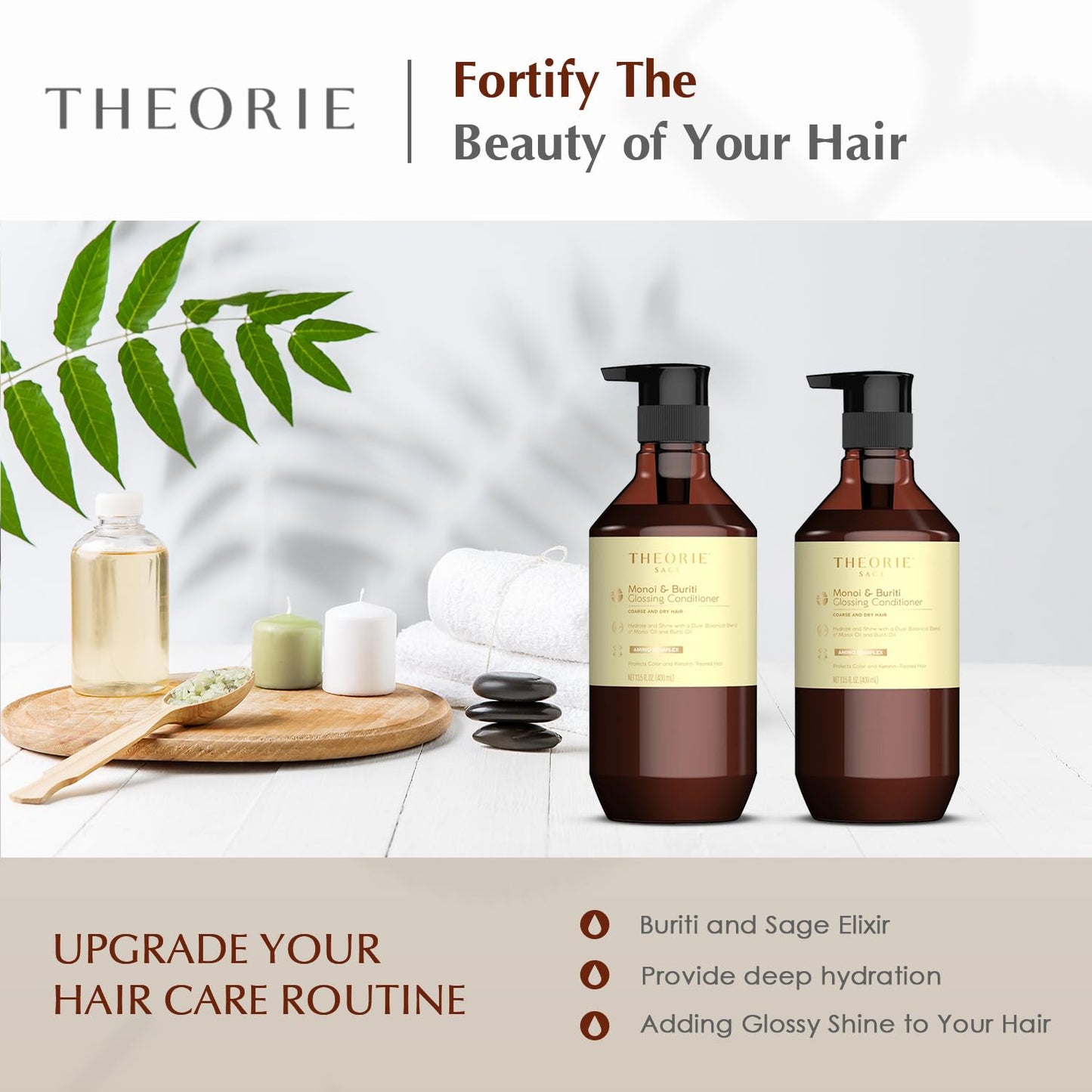 Theorie Monoi and Buriti Glossing Conditioner - Hydrate & Shine - Suited for Coarse and Dry Hair - Protects Color & Keratin Treated Hair, Pump Bottle 800mL