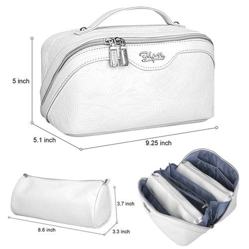 Travel Makeup Bags Cosmetic Organizer Bag: 3-Set Large Capacity Make up Bag - PU Leather Toiletry Bag for Women - Wide Open Portable Pouch with Divider & Handle (02-White)