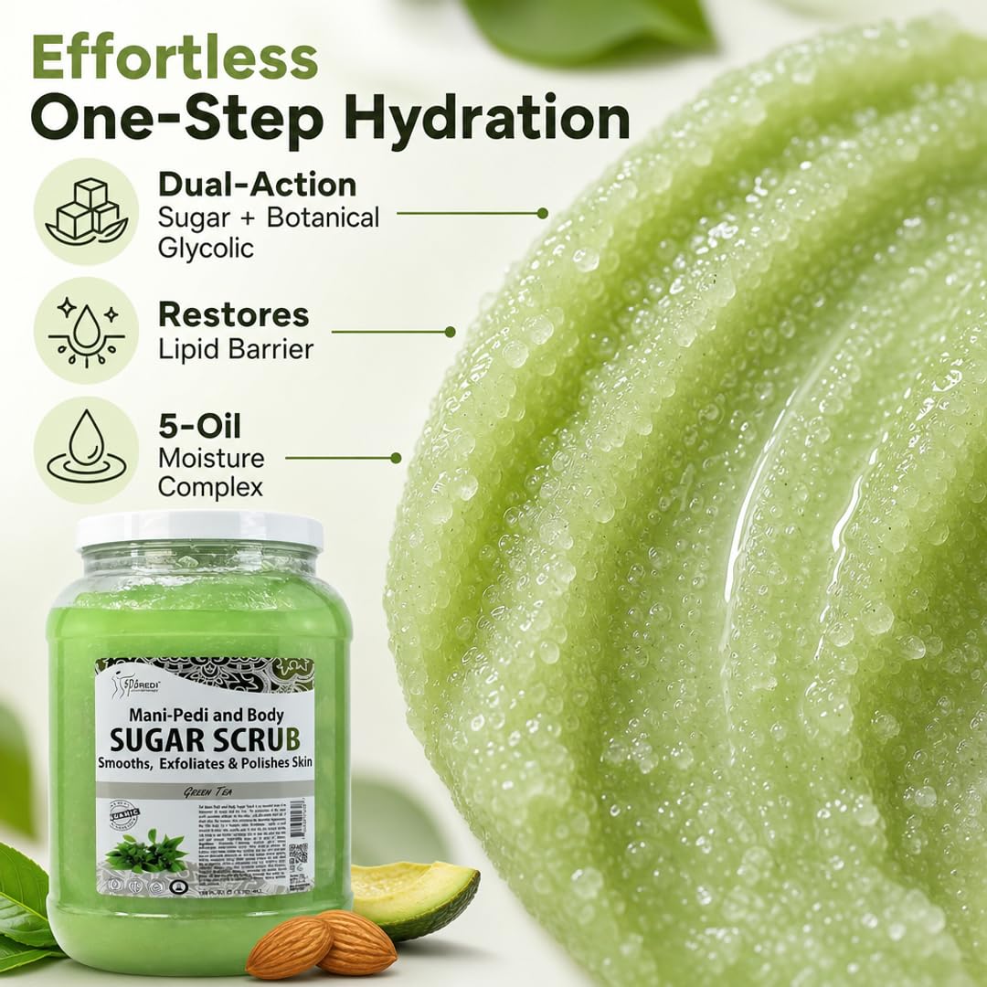 SPA REDI Green Tea Exfoliating Body Scrub – Sugar & Botanical Glycolic Callus Remover for Feet & Dry Skin | Sulfate-Free, Silicone-Free, Cruelty-Free | Professional Salon & At-Home Use | 128 oz