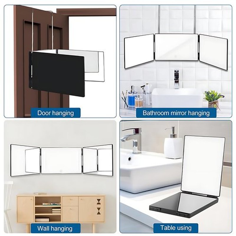 LED 3 Way Mirror with Adjustable Lighting for Self Hair Cutting, 360 Mirror for Men Shaving & Women Dyeing Hair Braiding, Portable for Travel, Bedrooms, Bathroom (Black)
