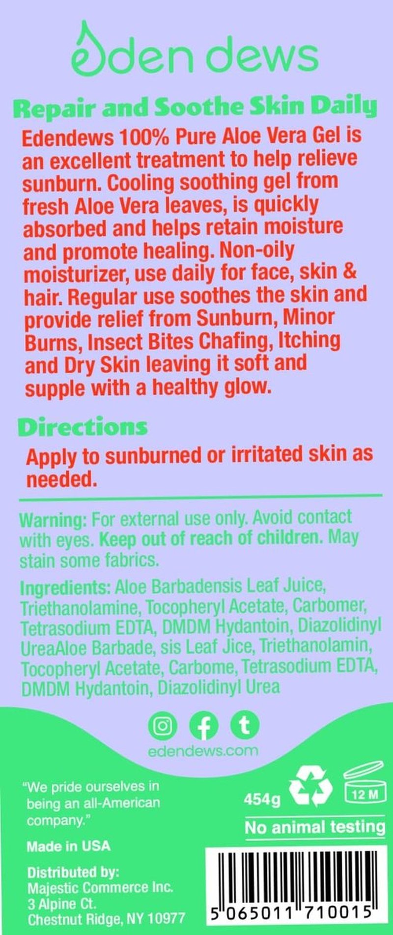 Eden Dews Organic Aloe Vera Gel 100% Pure & Natural Gel, Moisturizing, Face Skin & Hair Care, Sun Burn Relief, Hydrating & Soothing for Dry Skin Acne Razor Bumps, Made in USA, Unscented, 16 oz, 2-Pack