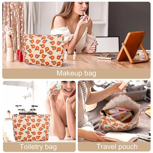 Wudimeitt Cosmetic bag Makeup bag Preppy Cute Corduroy Toiletry bag for women travel essentials (Flower orange)