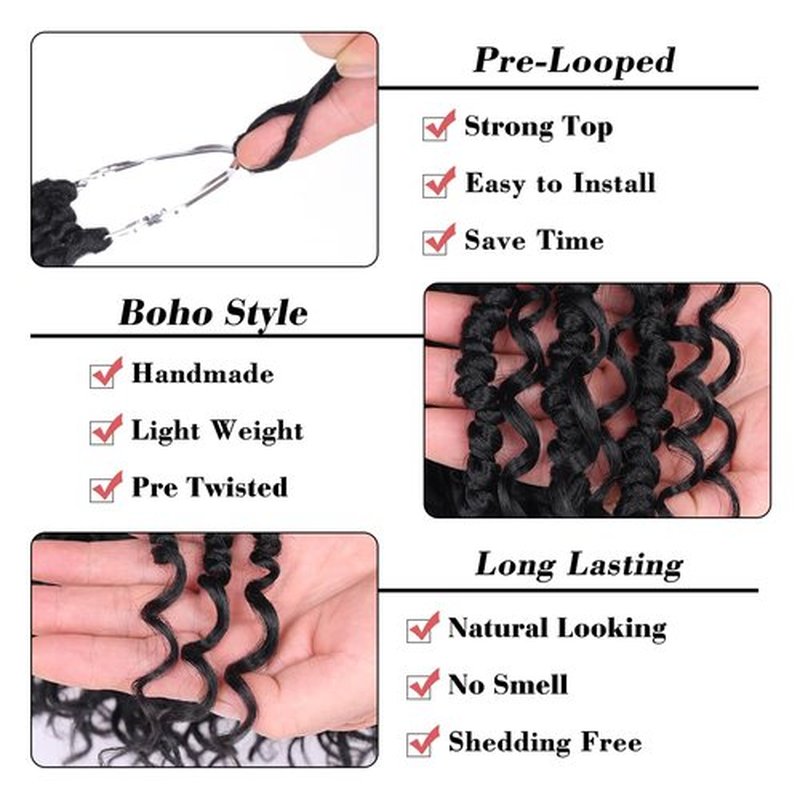 Leeven 10 Inch Goddess Passion Twist Crochet Hair 8 Packs Boho Style Crochet Twist Pre Twisted Bomb Twist Curly Ends Black Pre Looped Bohemian Synthetic Braids for Women #1B
