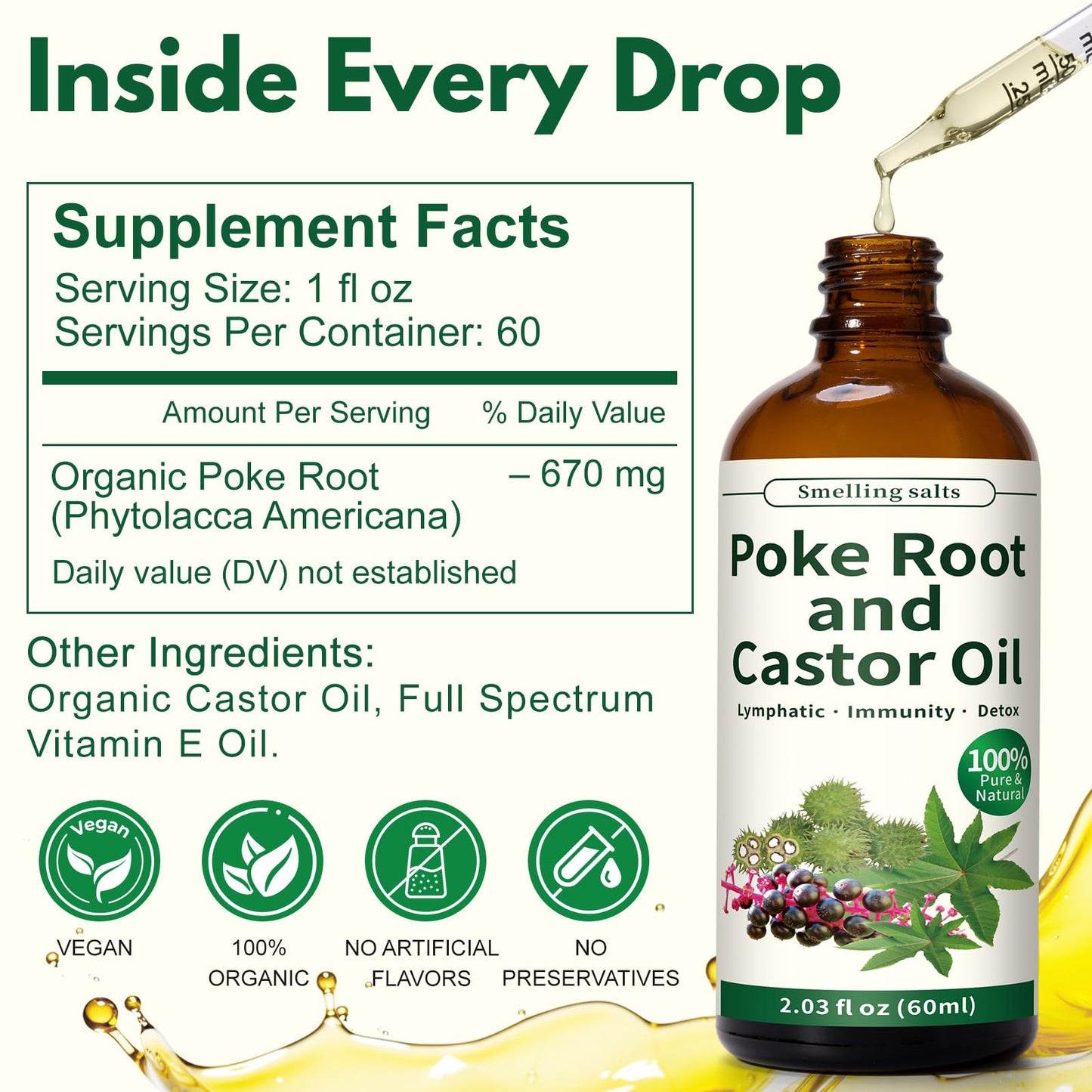 Smelling salts Poke Root and Castor Oil - 2 x 2 fl oz Poke Root Oil Organic with Vitamin E - Supports Swollen Lymph Nodes, Fibroids, Cysts, Boils, Breast and Joint Health