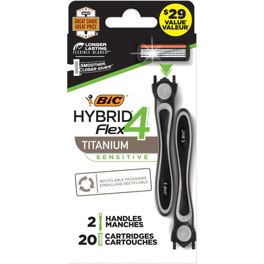 BIC Flex 4 Hybrid Men's Disposable Razor Set - 4-Blade with 2 Handles & 20 Cartridges for a Smooth Shave