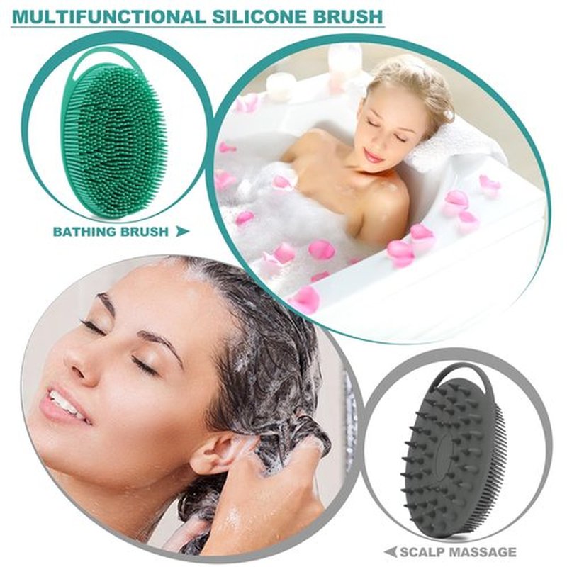 2 Pack Silicone Body Scrubber, Silicone Loofah Double-Sided Body Brush,Silicone Shower Scrubber and Scalp Massager Shampoo Brush for Sensitive Kids Women Men All Kinds of Skin (Green & Gray)