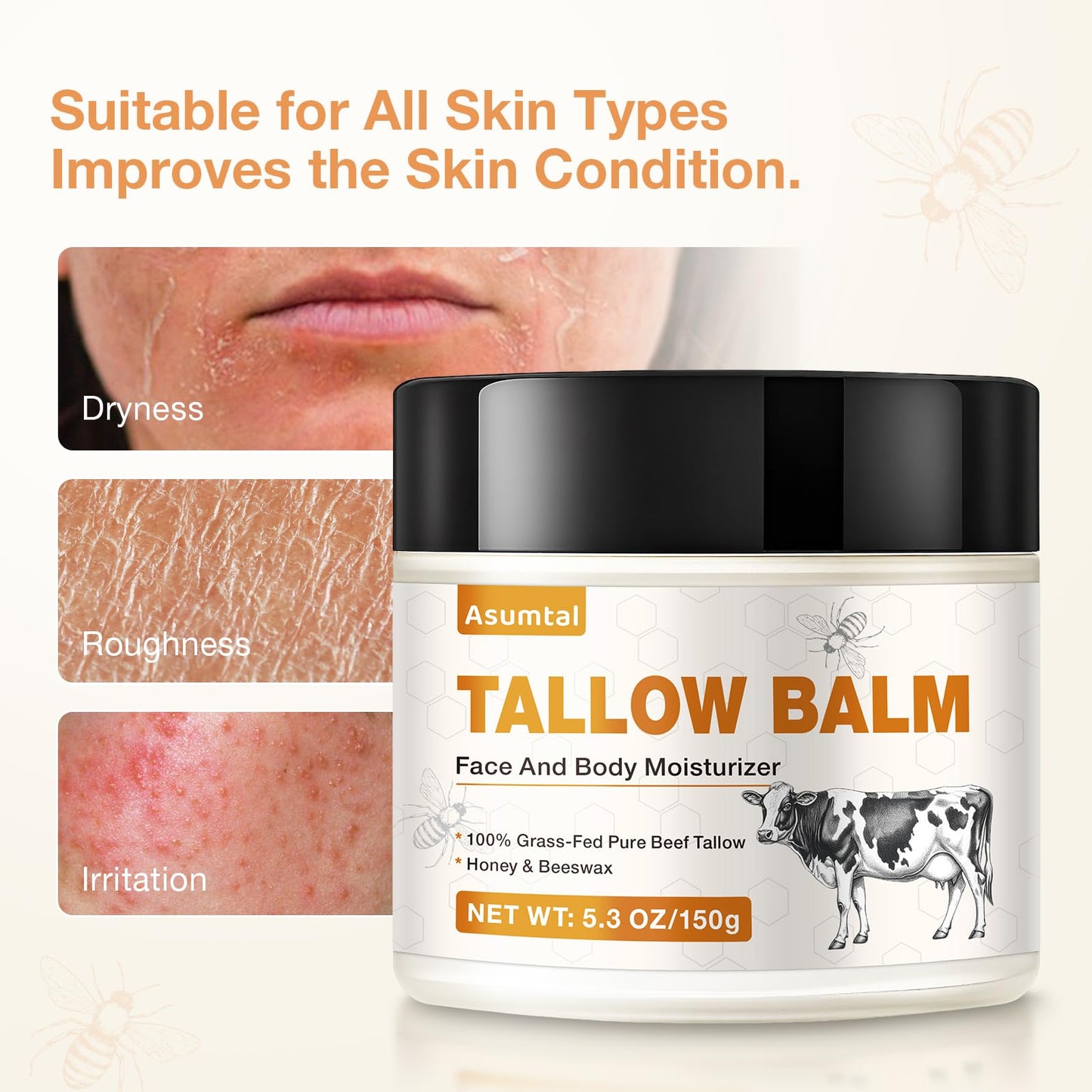 Asumtal Tallow and Honey Balm - Beef Tallow for Face & Skin Moisturizer, Deep Hydration for Dry & Sensitive Skin, Multi-Use Hydration for Night Cream & Full Body Care (5.3 Oz)