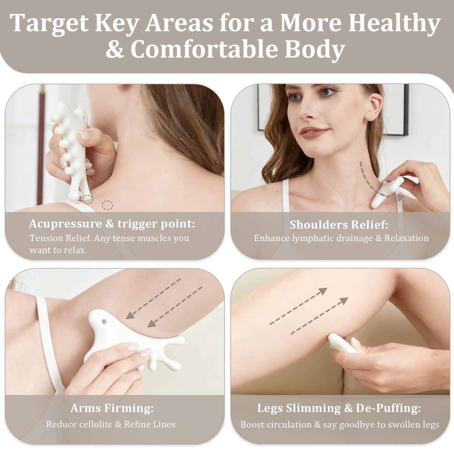 6-in-1 Ceramic Gua Sha Tool for Body & Face, Lymphatic Drainage, Trigger Point, Face Sculpting, Whole Body Relaxation & Stress Relief at Home, Portable Self-care Gifts for Women with Cellulite