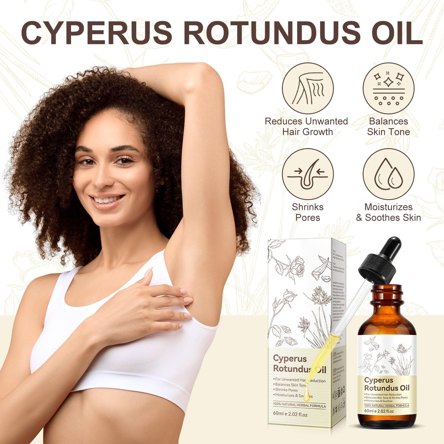 Cyperus Rotundus Oil 2 Pack, Cyperus Rotundus Oil for Hair Removal, Effectly Reducing Body Hair Growth, Moisturizing & Soothing Skin, 4 Fl oz