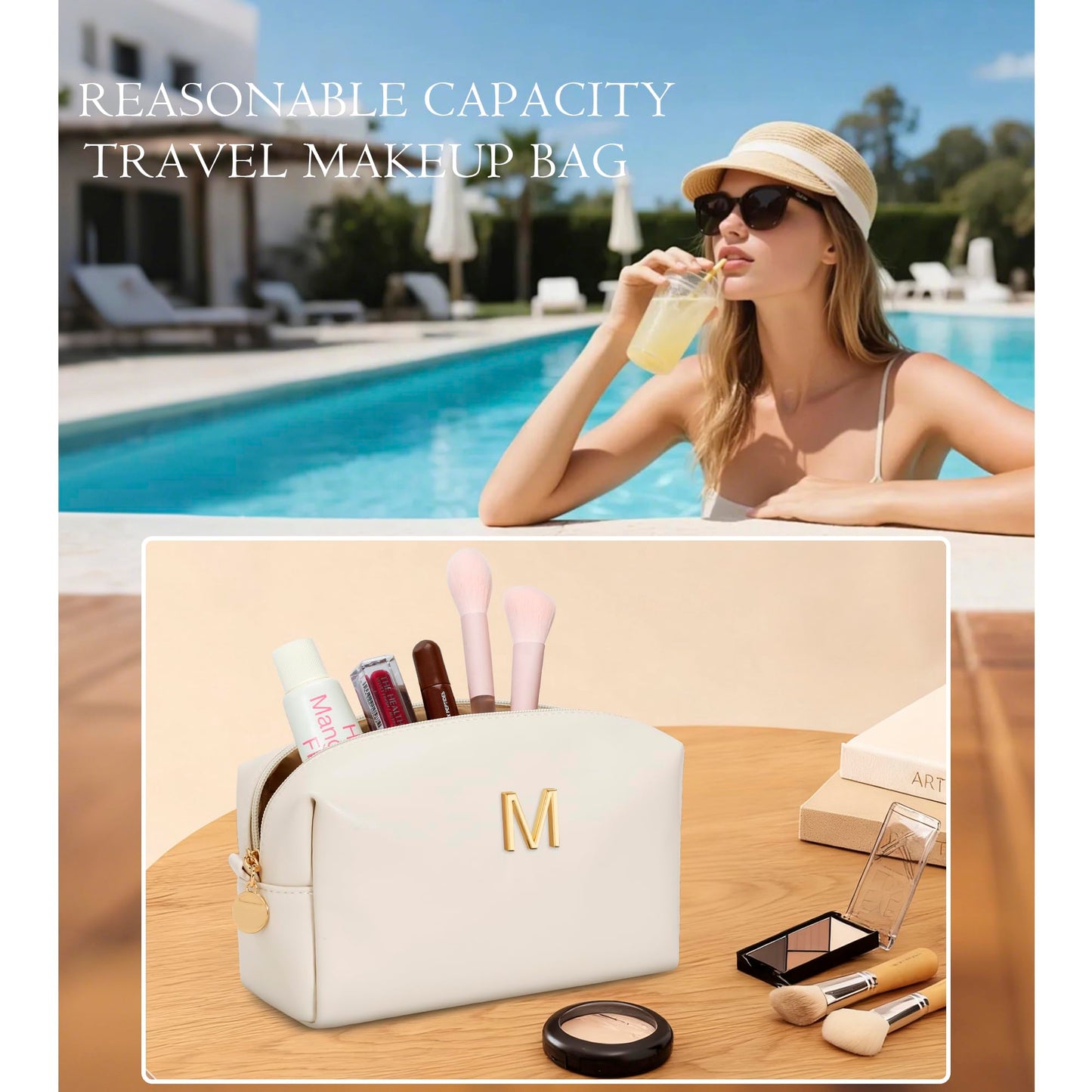 CLOUDWINGS Gifts for Women Bridesmaid Gifts Personalized Initial Makeup Bag PU Leather Cosmetic Waterproof Travel Toiletry Bag (Beige M)