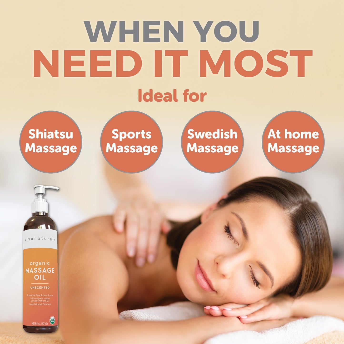 Viva Naturals Organic Massage Oil, Unscented, 8 fl oz (237 mL) – Non-Greasy, Certified Organic Massage Therapy Oils