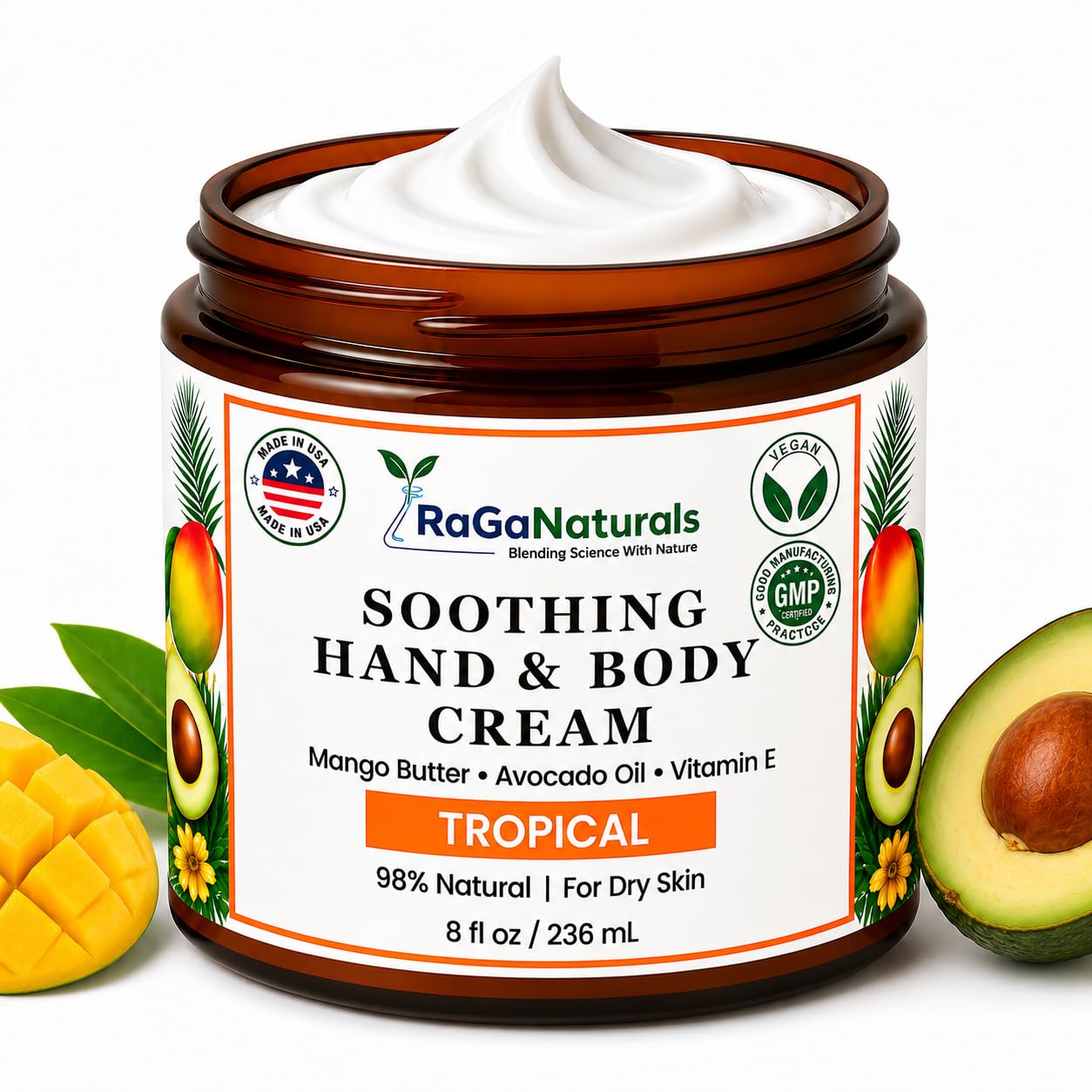 RaGaNaturals Tropical Hand and Body Cream for Dry Skin - Key Notes of Mango Grapefruit Scent - 98% Natural, Vegan, Non Greasy Lotion with Mango Butter, Vitamin E & Avocado Oil for Women and Men - 8 oz