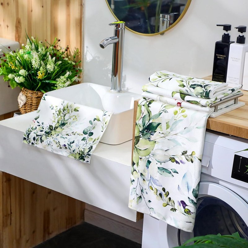 Eucalyptus Bathroom Towels Set - 3 Pack Sage Green Hand Towels | Floral Spring Decor, Absorbent Fingertip Wash Cloths for Home & Spa
