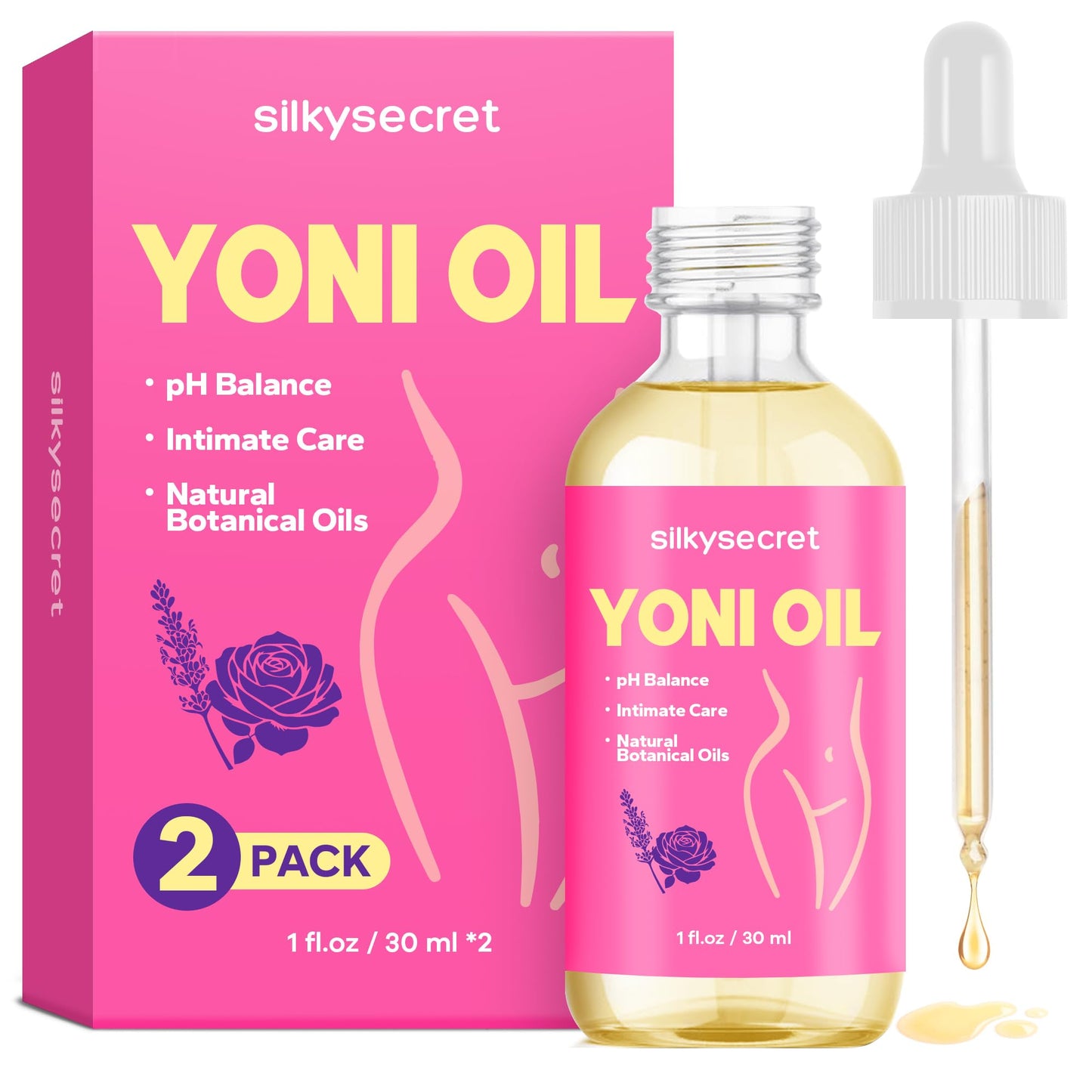 SilkySecret Yoni Oil (60ml, 2 Packs), pH Balance & Intimate Care Oil, Feminine Hygiene Essentials for Smell & Taste, Body Juice Oil for Women, Intimate Deodorant, Feminine Spray, Rose & Lavender Scent