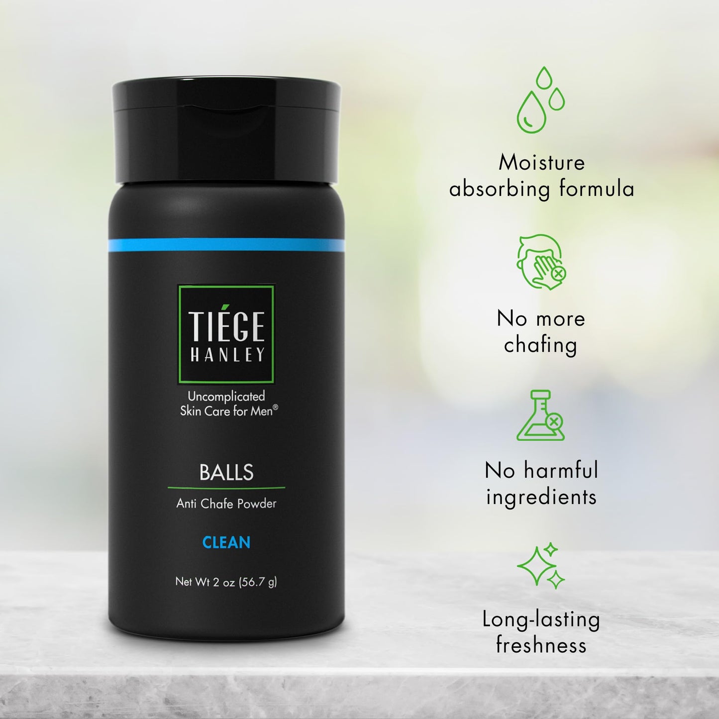 Tiege Hanley Anti-Chafe Powder for Men, Clean Scent, Cooling, 2 Oz