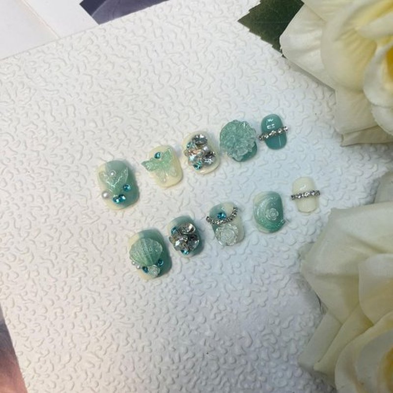 Wsliana Handmade Press On Nails - Short Round Shape with Shell, Moon, Fish Tail, Butterfly, and Diamond Decorations, 10pcs Glue On Acrylic Fake Nails with Storage Box | Stylish and Creative (033 S)