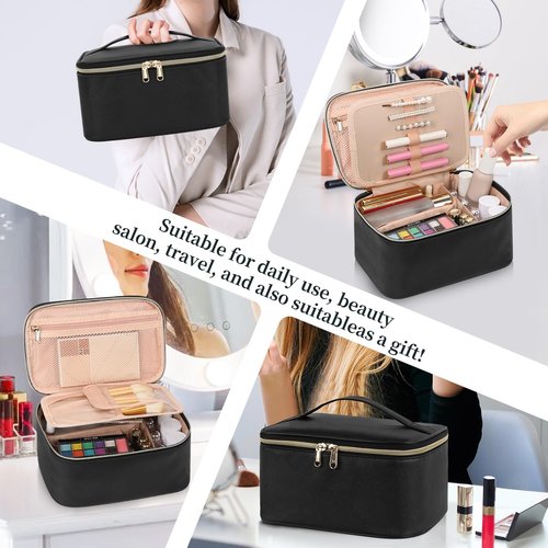 OCHEAL Makeup Bag, Travel Makeup Bag Organizer with Brush Compatrment Large Cute Cosmetic Toiletry Bag for Women and Girls Traveling Skincare or Makeup Essentials Storage Case -Black