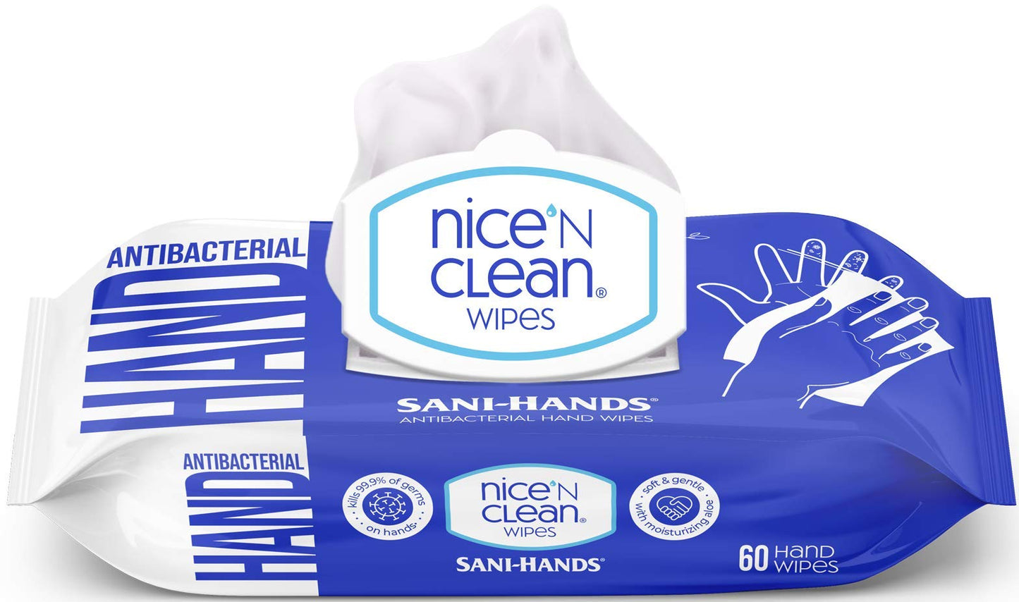Nice 'N Clean Sensitive Skin Wet Hand Wipes Infused with Aloe, Blue, 60 Count, Pack of 8