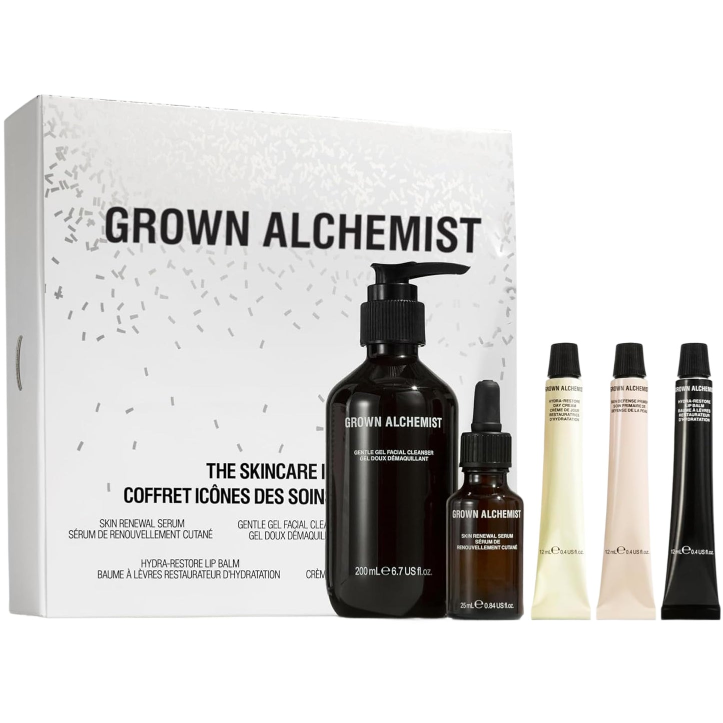 Grown Alchemist Skincare Icons Holiday Gift Set Kit, Hydra-Restore Lip Balm, Gentle Gel Facial Cleanser, Hydra-Restore Day Cream, Skin Renewal Serum & Skin Defense Primer. Hydrating & Anti-Aging Set