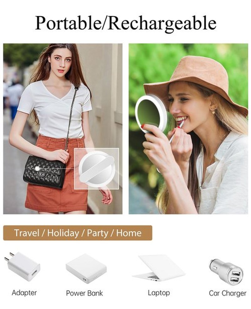 FASCINATE Handheld Mirror with Lights, 1X 10X Double Sided Magnifying Mirror with Swivel Handle, Perfect for Travel, Compact, Pocket, Purse, Folding, with USB Charging