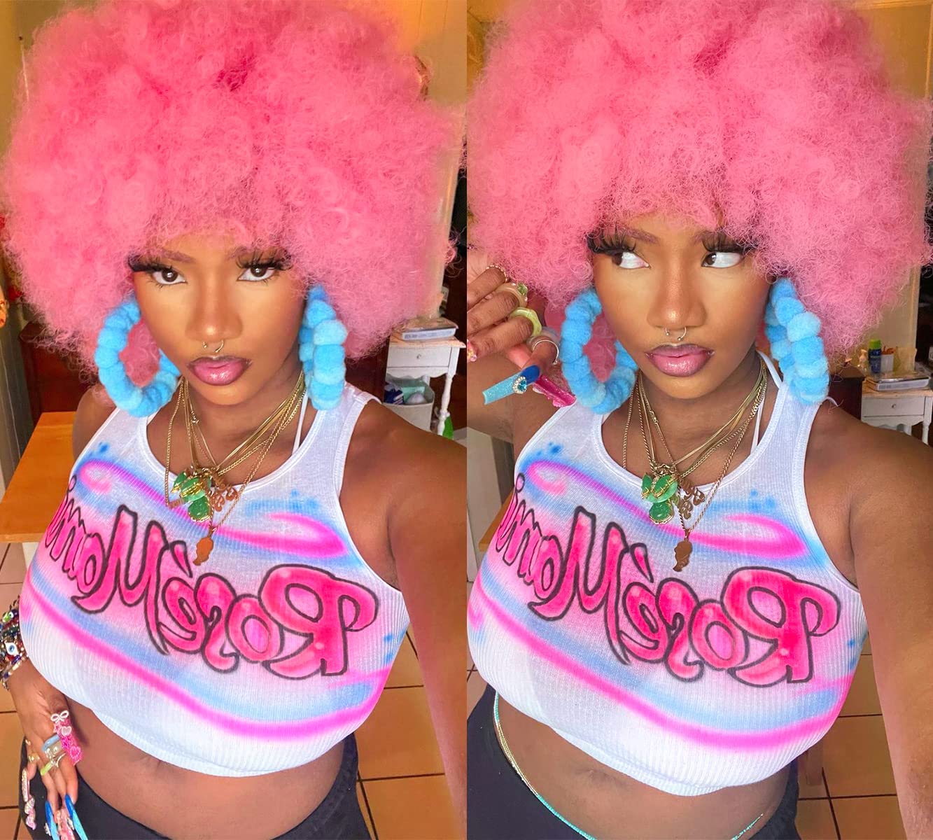 CURLCRAZY 70s Afro Wig with Bangs Short Afro Kinky Curly Wig for Black Women Large Bouncy and Soft Natural Looking Halloween Party Christmas Cosplay Wigs (Pink)