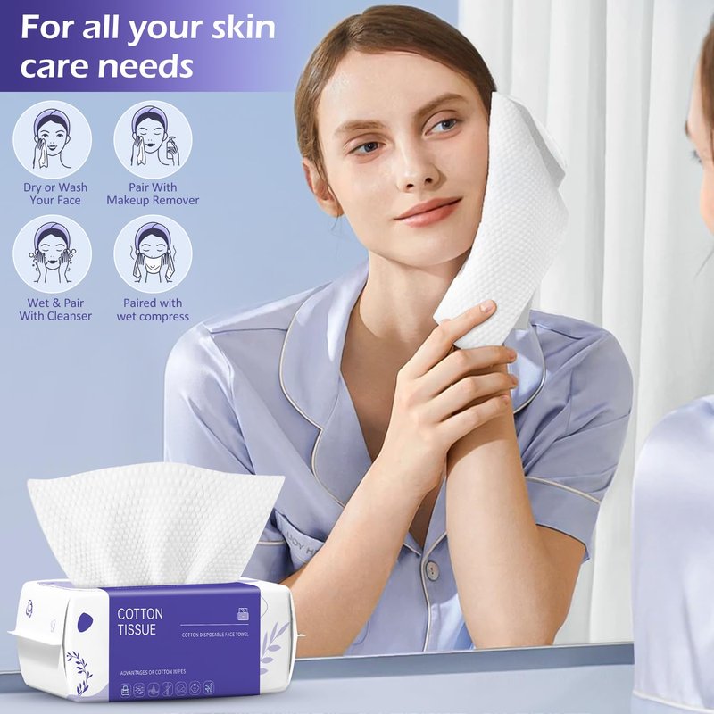 Disposable Face Towels - 200 Count Soft Cotton Dry Wipes | Ideal for Cleansing, Skincare & Makeup Removal