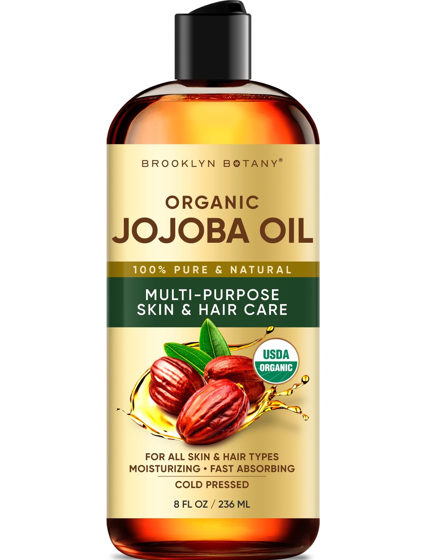 Brooklyn Botany Cold-Pressed Organic Jojoba Oil | 28 Fl Oz | Hair | Face | Body | 100% Pure and Natural | Carrier Oil | Aromatherapy | Massage | Ayurvedic Hair Care | Hexane-Free