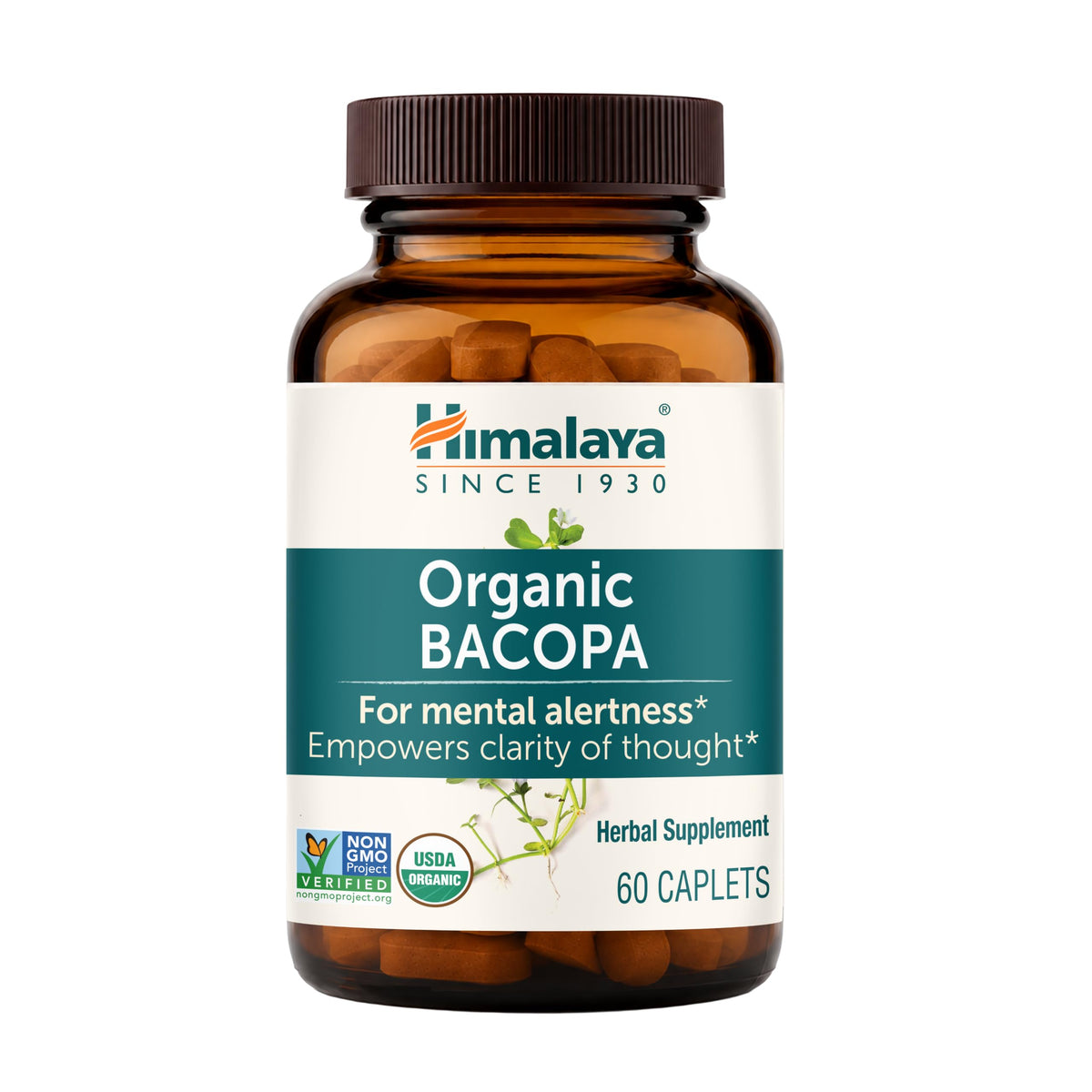 Himalaya USDA Organic Bacopa Monnieri Nootropic Herbal Supplement,Brahmi,Bacopa Supplements, Bacopa Extract,Mental Alertness, Supports Calm,Memory,Cognition,Non-GMO,750 mg, 60 Plant-Based Caplets